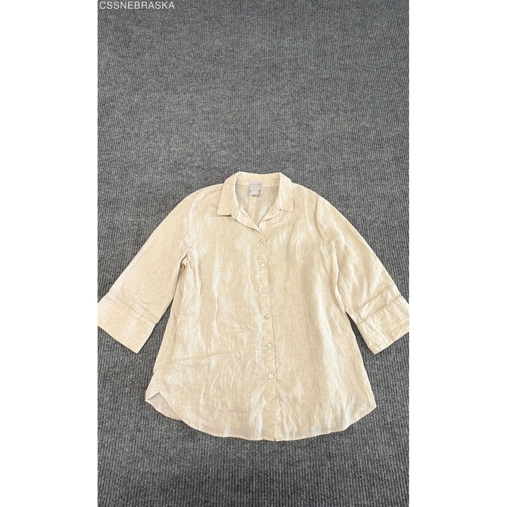 Chico's Women's Tan 100% Linen No Iron 3/4 Sleeve Button Down Shirt Sz 1.5 (10)